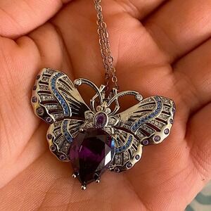 Antique Butterfly Amethyst Pendant Necklace, Silver, Brooch, Wedding, Engagement